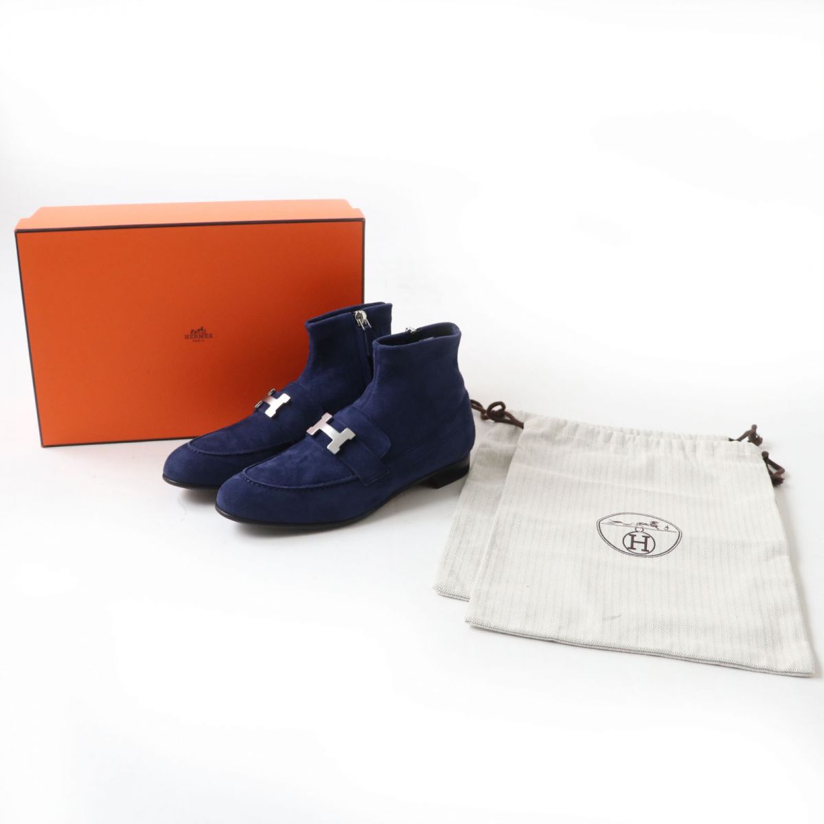 HERMES boots Suede leather Navy x Silver Metal 36