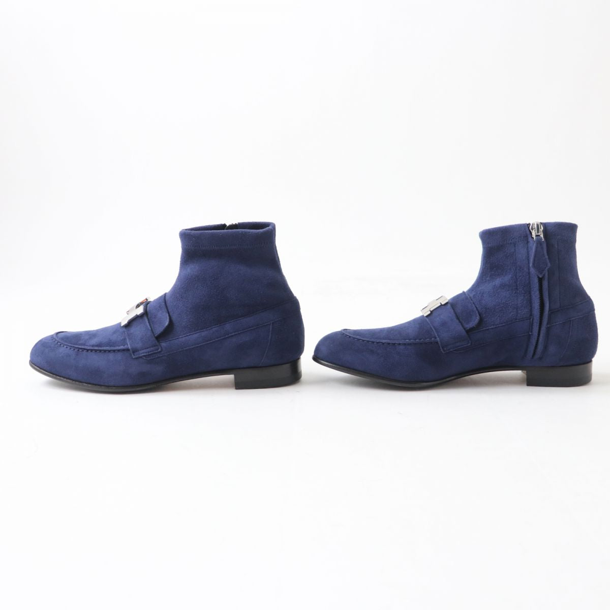 HERMES boots Suede leather Navy x Silver Metal 36