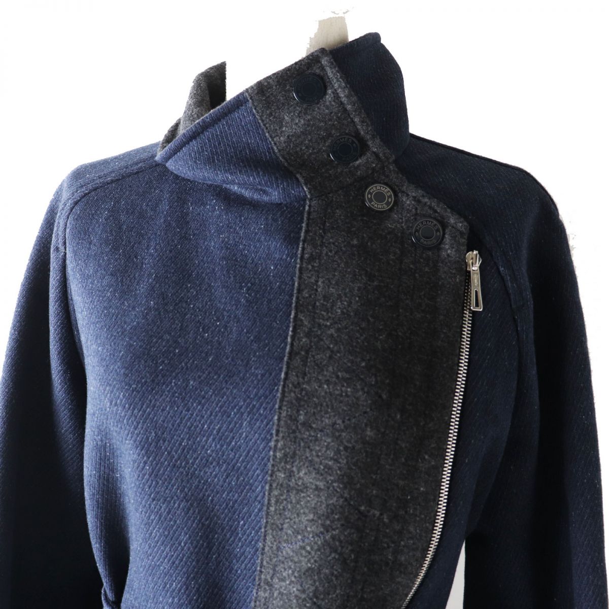 HERMES coat Main: 70% wool, Main: 30% mohair, Part: leather Blue x gray Women 34 Used