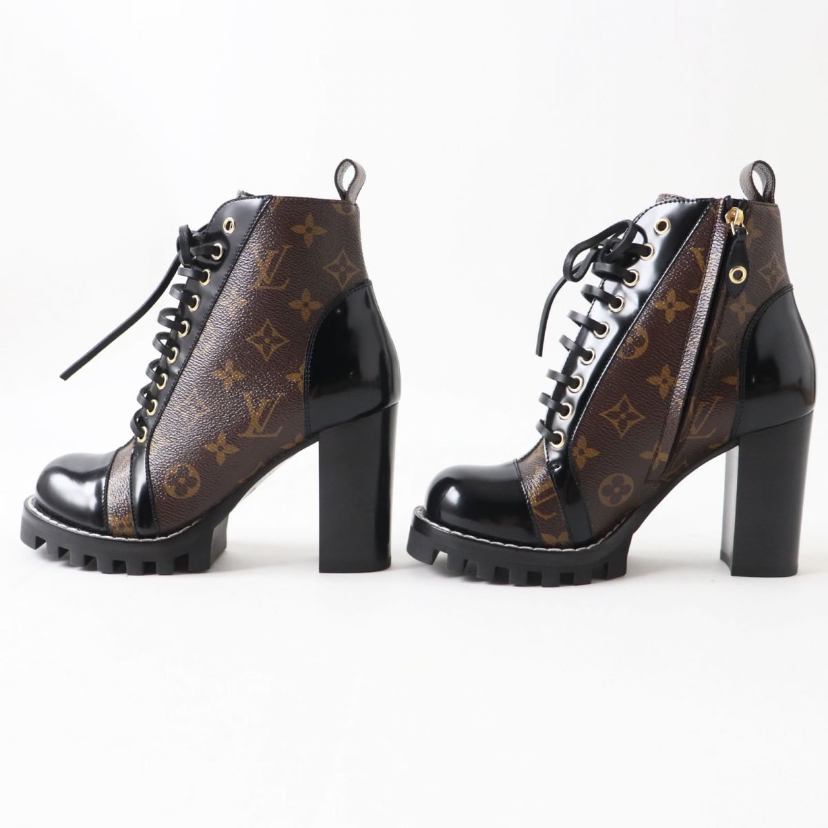 LOUIS VUITTON boots Patent leather Black x Brown (Monogram Pattern) 37
