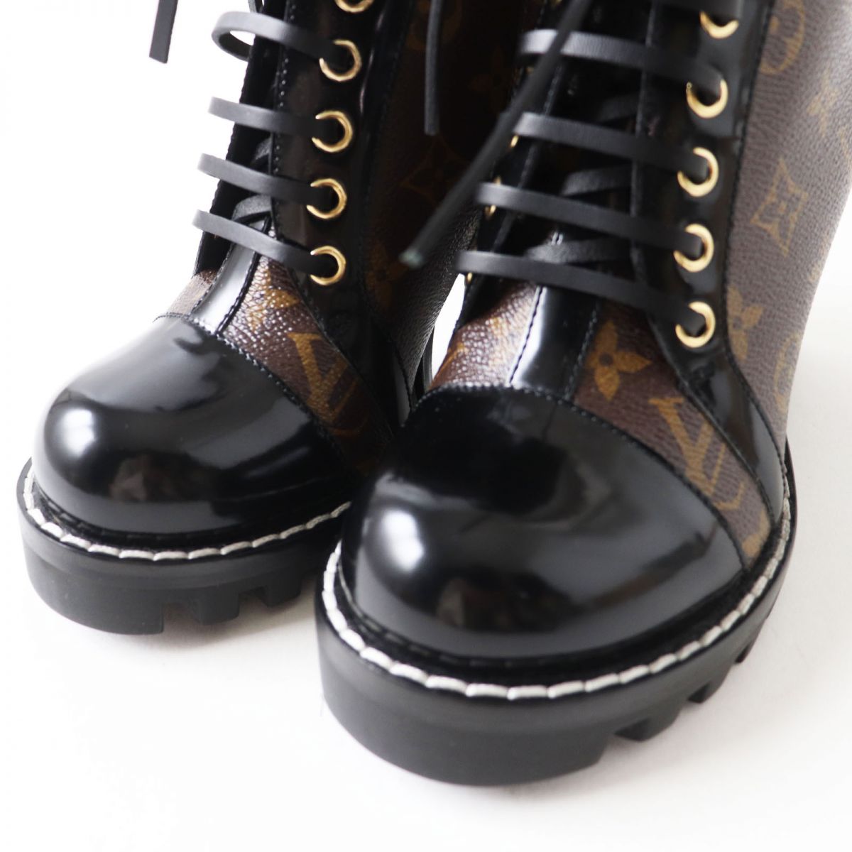 LOUIS VUITTON boots Patent leather Black x Brown (Monogram Pattern) 37