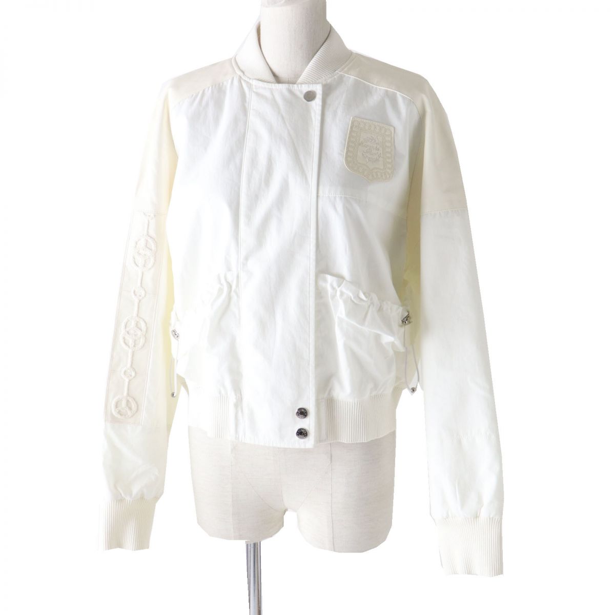 HERMES Blouson Outer: 100% cotton, Leather: Lamb leather, Part: 44% silk, Part: 33% cotton, Part: 21% polyamide (nylon) white Women 38 Used