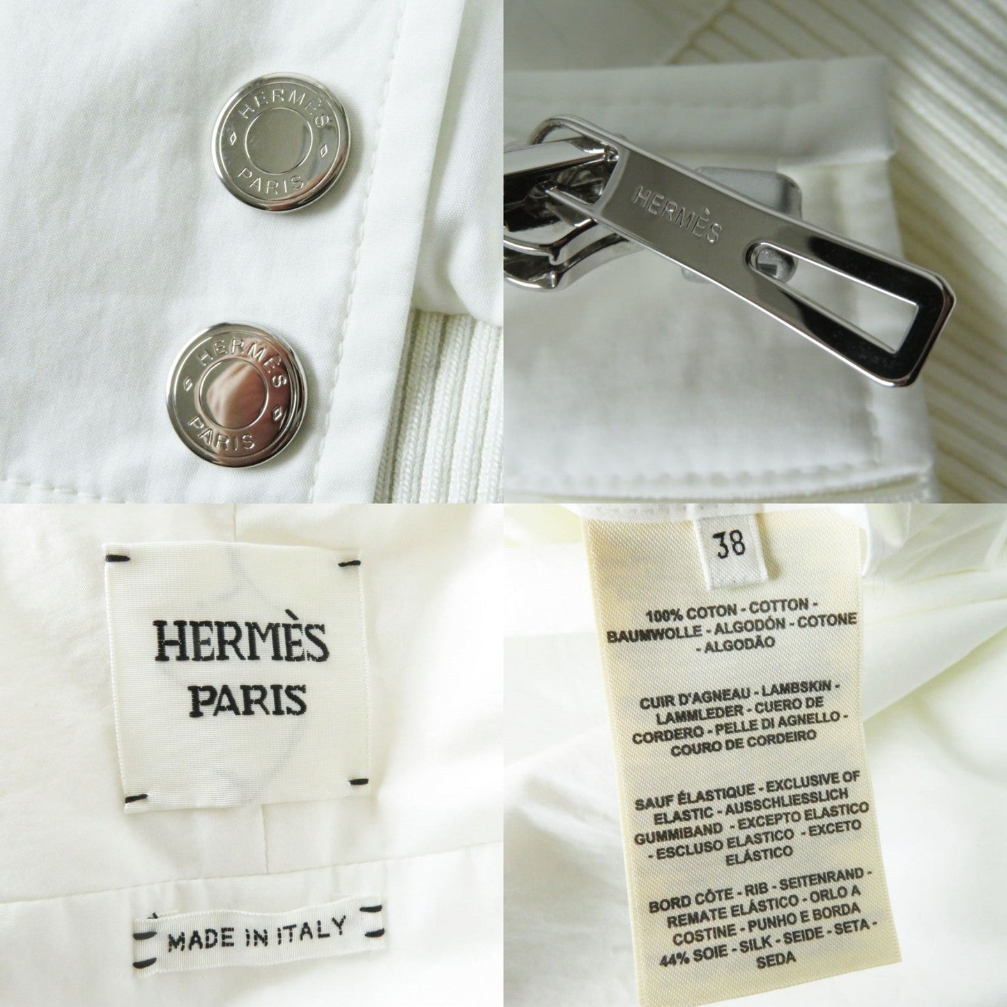 HERMES Blouson Outer: 100% cotton, Leather: Lamb leather, Part: 44% silk, Part: 33% cotton, Part: 21% polyamide (nylon) white Women 38 Used