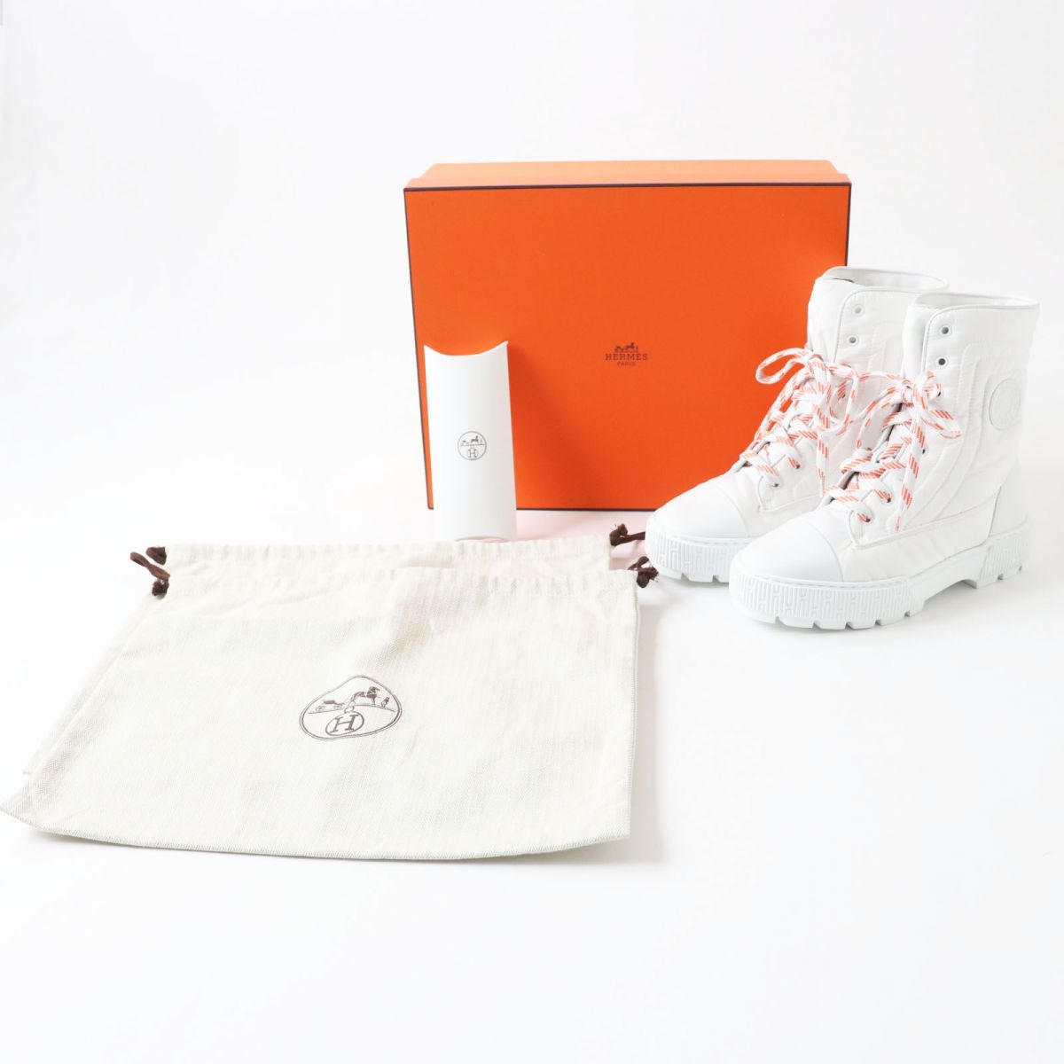 HERMES boots Main: Parachute fabric, Main: Calf leather Whitex orange Women 38 Used