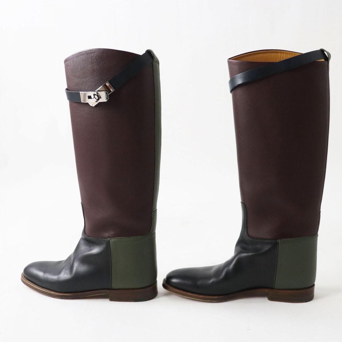 HERMES boots Main: Leather, Part: Kelly Metal Bordeaux x Khaki x Black (color scheme design) Women 36 Used