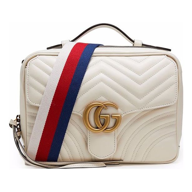 GUCCI GG Marmont Gold Label Logo Tassel Stripe Webbing Shoulder Strap White Handbag 498100-DTDPT-8283