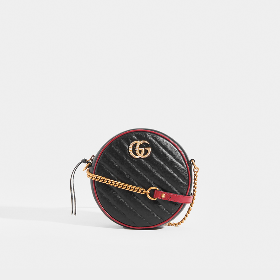 Gucci GG Mini Marmont Round Shoulder Bag in Black with Red Trim