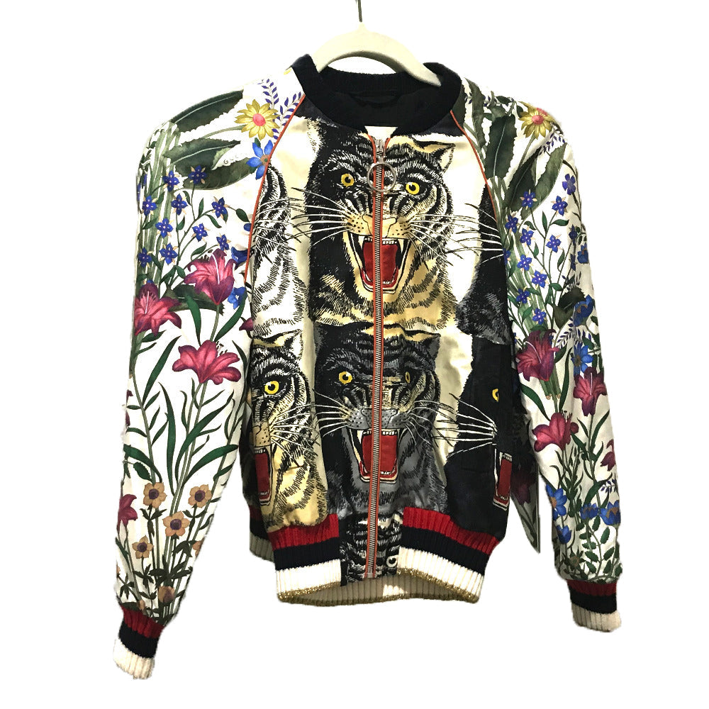 GUCCI Blouson 476247 Silk, Sequins White x Multicolor tiger print bomber jacket jacket outerwear 36