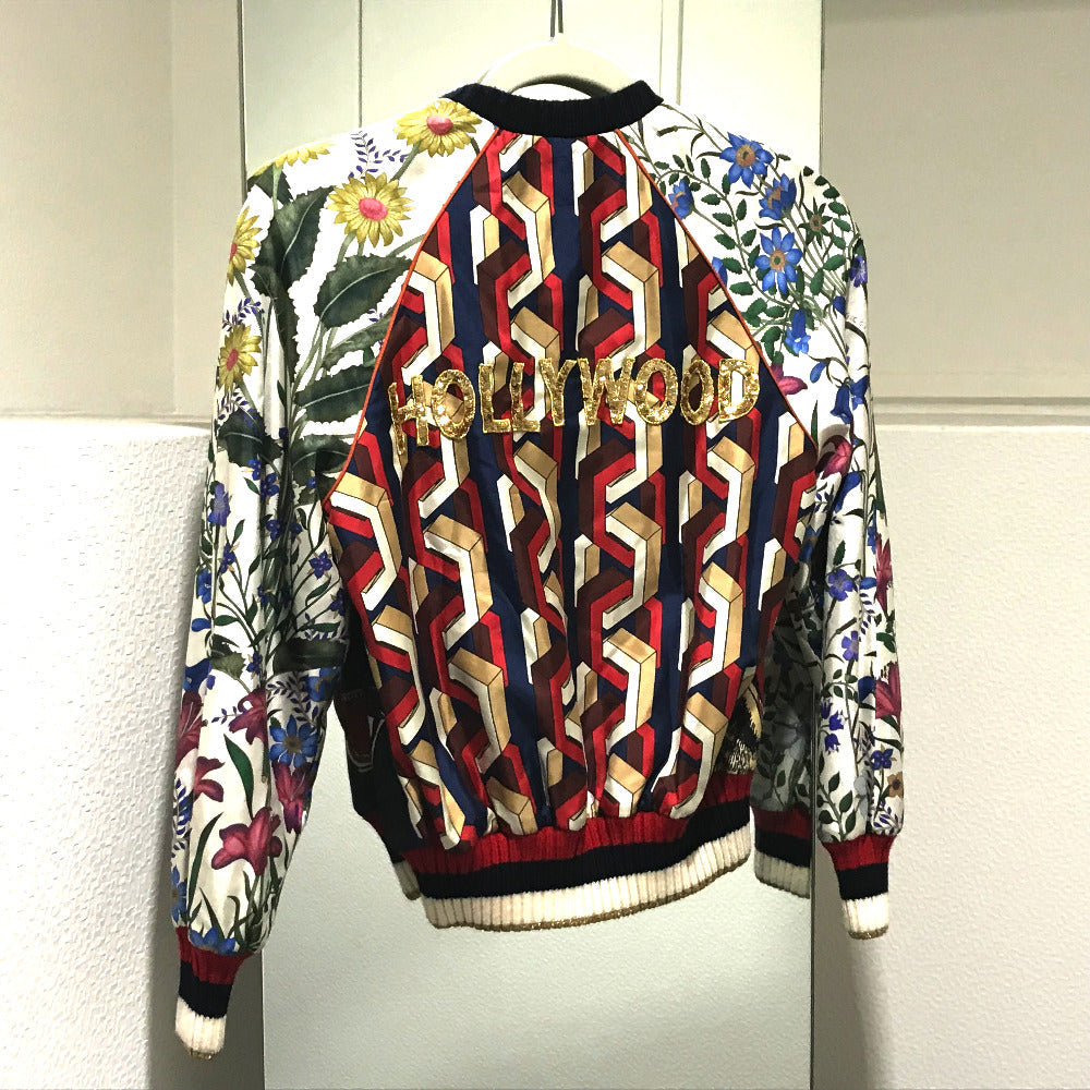 GUCCI Blouson 476247 Silk, Sequins White x Multicolor tiger print bomber jacket jacket outerwear 36