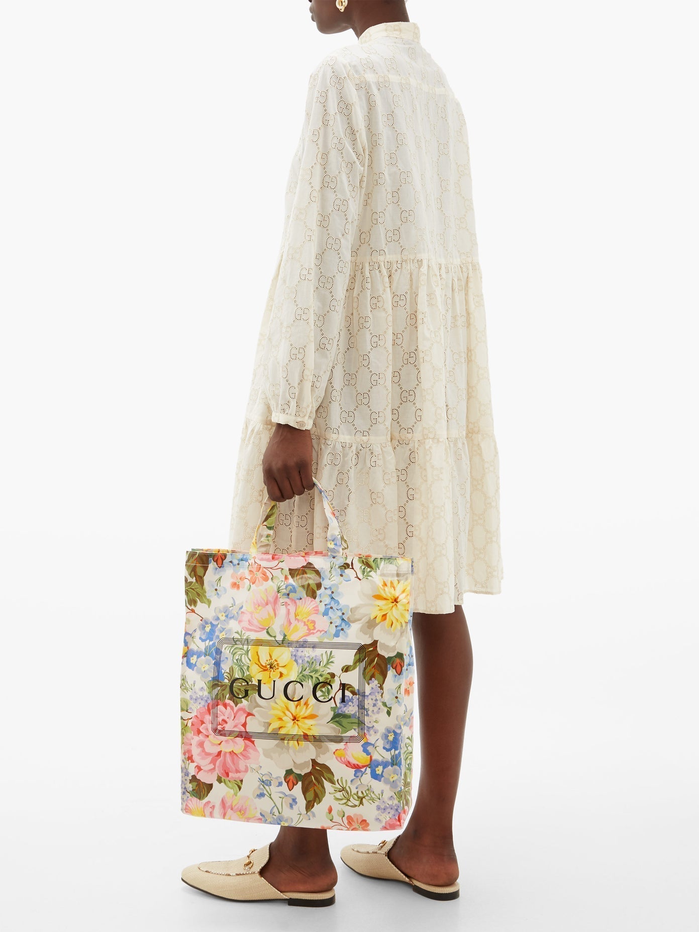 Gucci Floral-print Logo Tote Bag in White