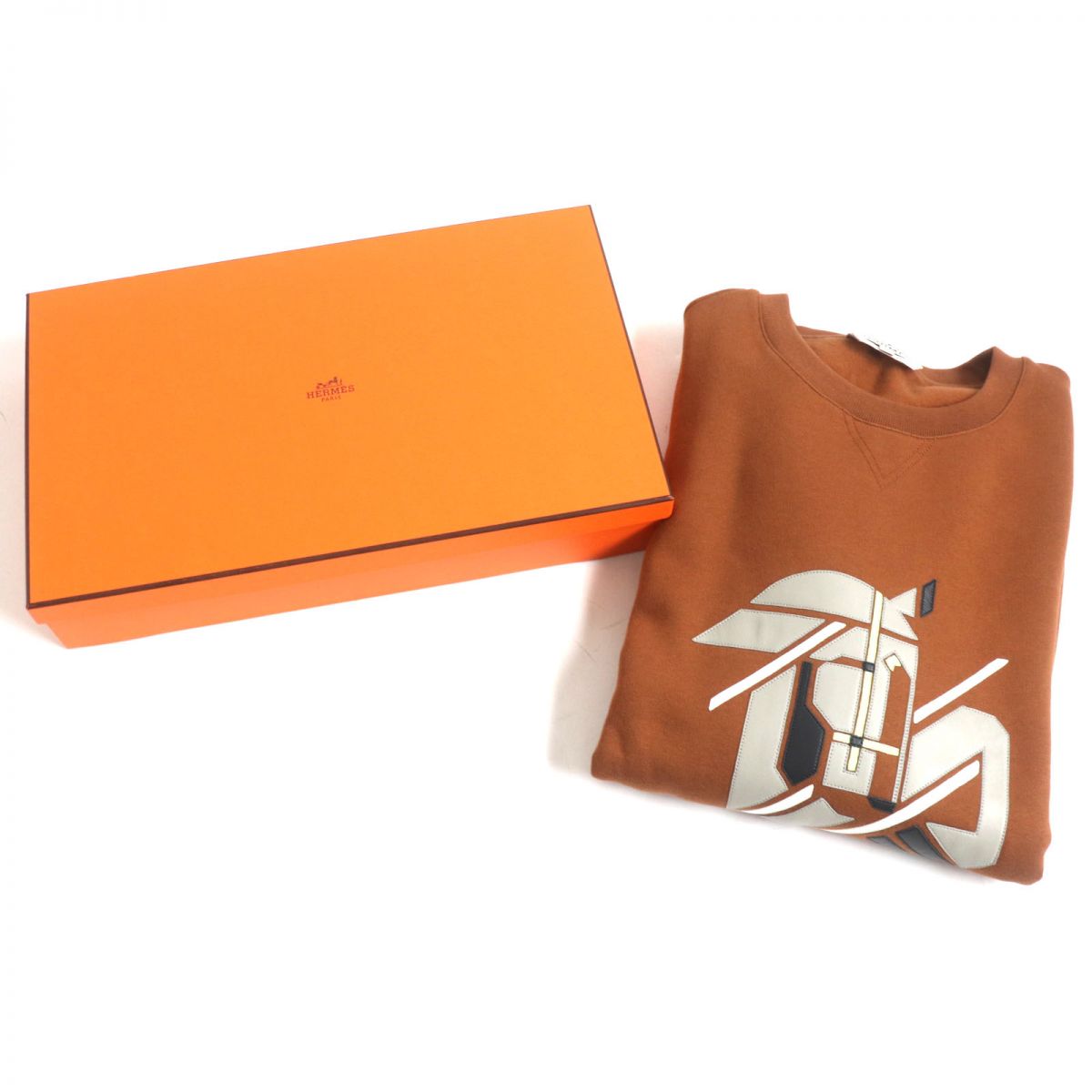 HERMES sweat Main: 100% cotton, part: lamb leather, part: 90% cotton, part: 10% polyurethane Brown mens M Used