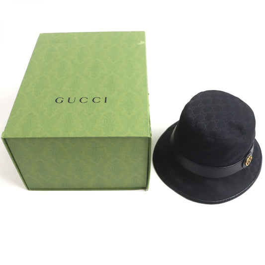 GUCCI hat Outer: 68% polyester, Outer: 16% cotton, Outer: 16% nylon, Lining: 50% rayon, Lining: 50% cotton Main: Black<br>Metal: Gold mens 58 Used