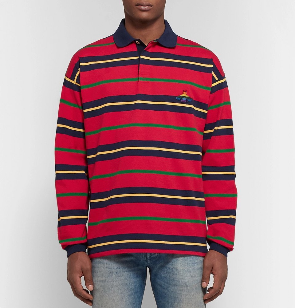 Gucci Striped Long Sleeve Polo with Bee in Red
