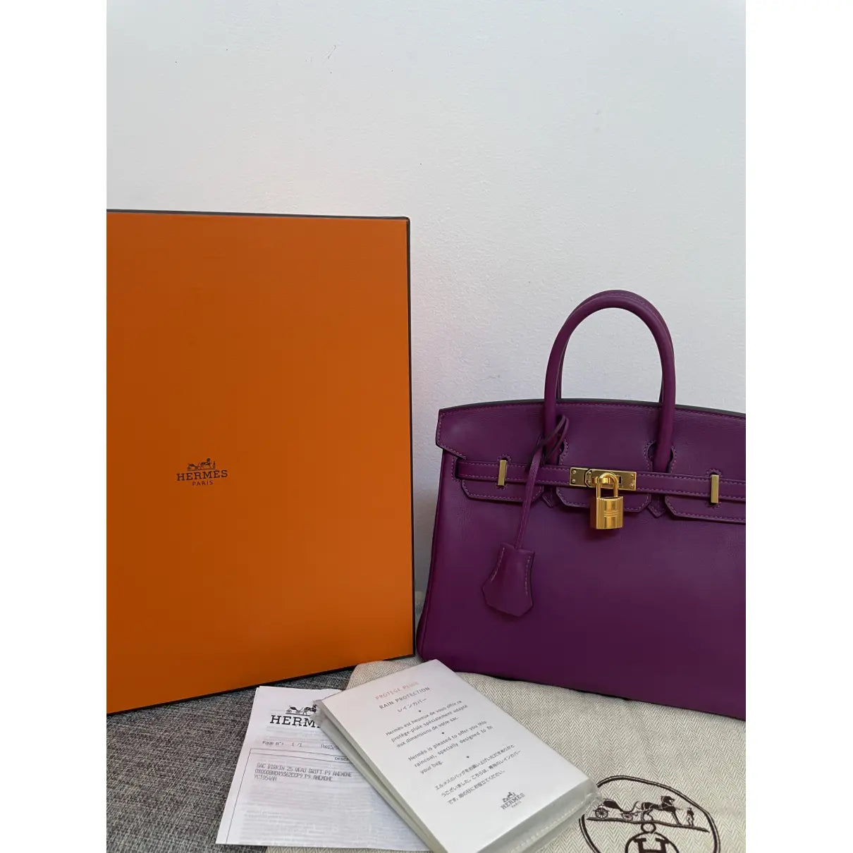 Hermes Birkin 25 Leather Gold Hardware Handbag Bag for Women (Purple Matt)