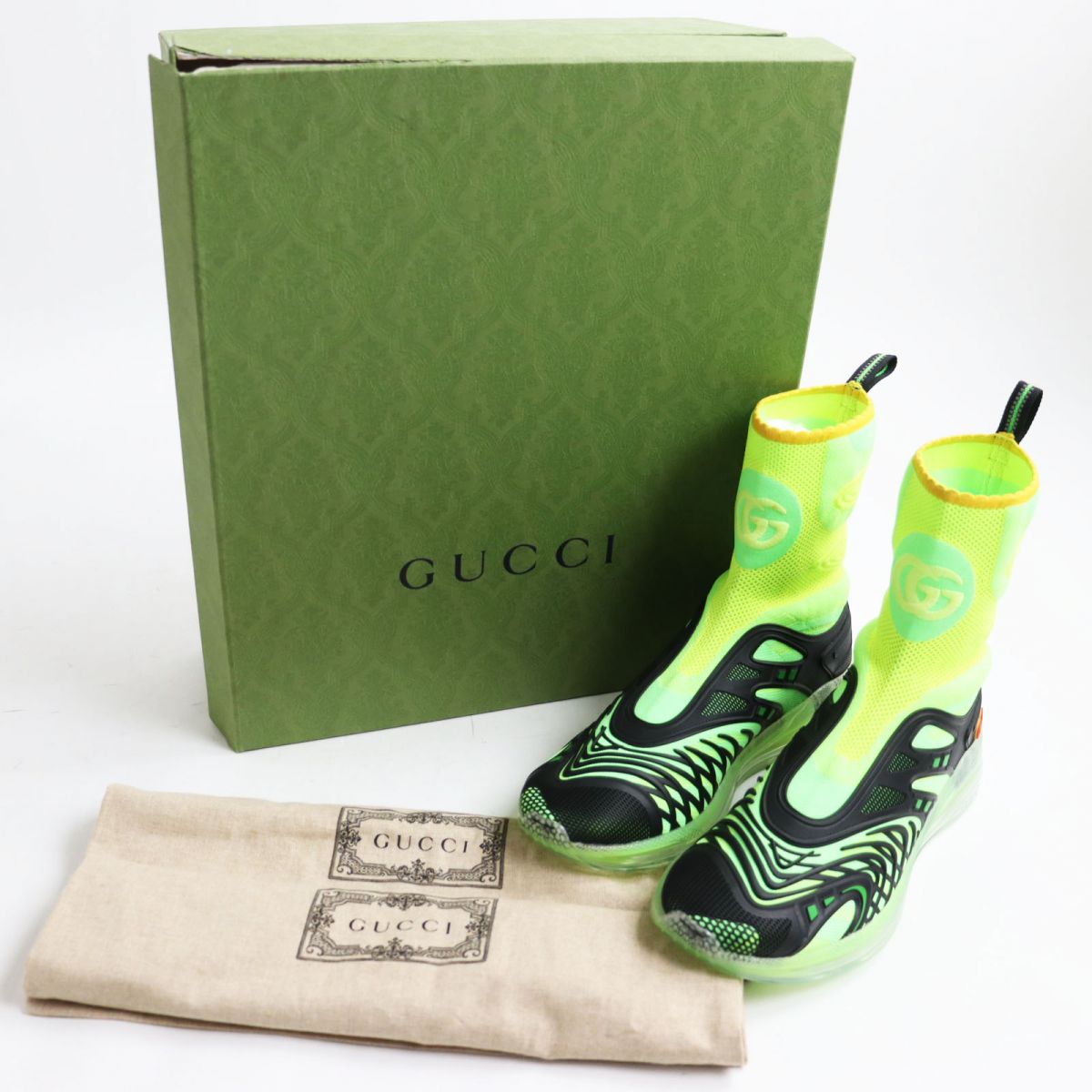 GUCCI sneakers Main: Nylon, Main: Rubber black x fluorescent green mens 8.5 Used