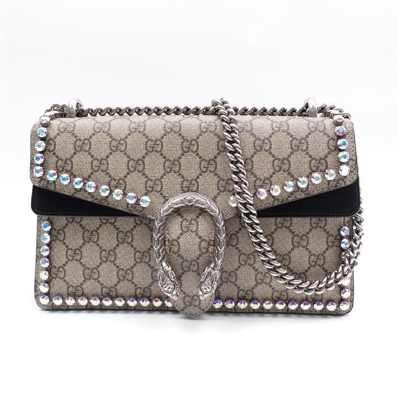 Gucci Dionysus Brown Coated Canvas Shoulder Bag with Chain Strap and Rhinestone Detail Medium