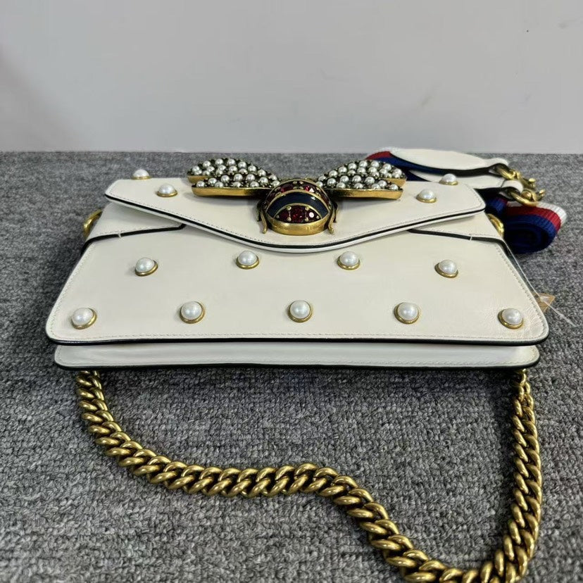 Gucci Broadway Bee White Pearl Embellished Leather Shoulder Bag