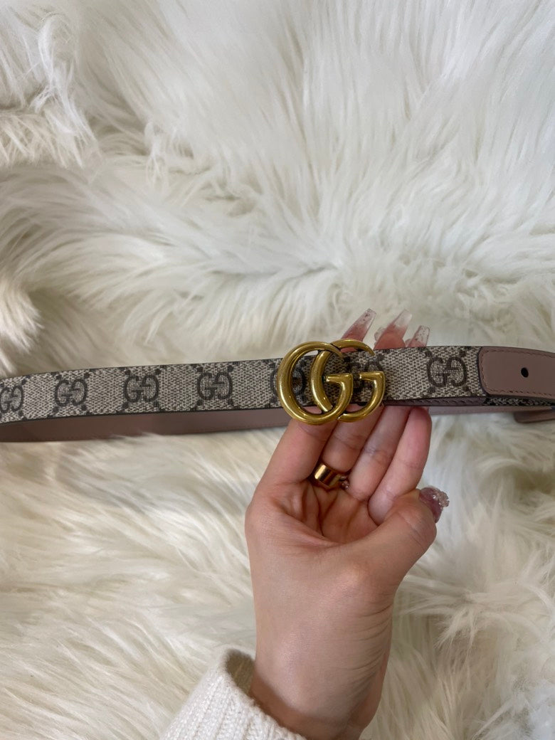Gucci Marmont Thin Belt Gold GG Logo Beige