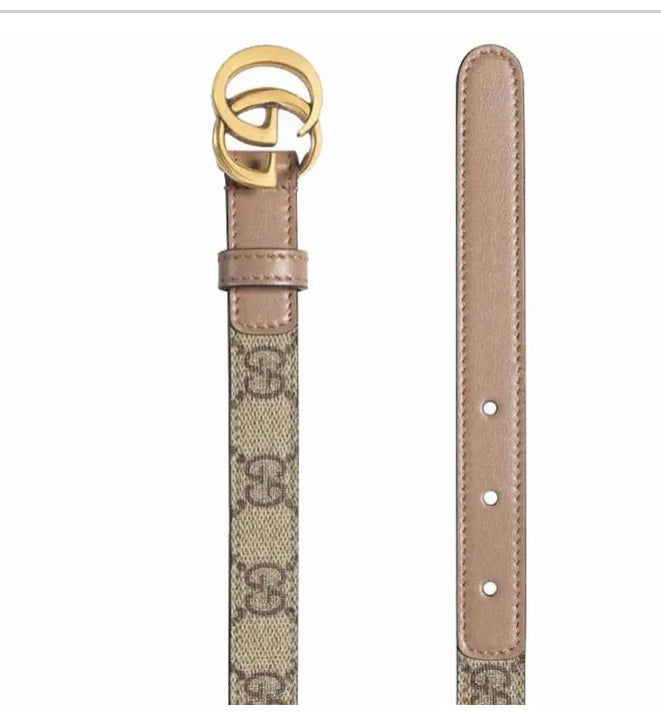 Gucci Marmont Thin Belt Gold GG Logo Beige