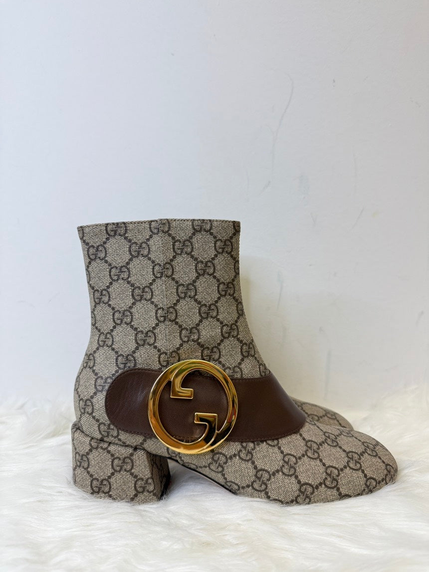 Gucci Beige GG Canvas Leather Gold Logo Short Boots Size 37