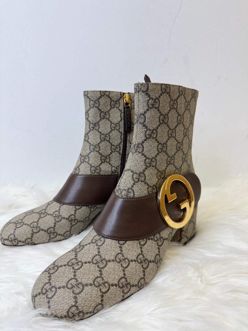 Gucci Beige GG Canvas Leather Gold Logo Short Boots Size 37