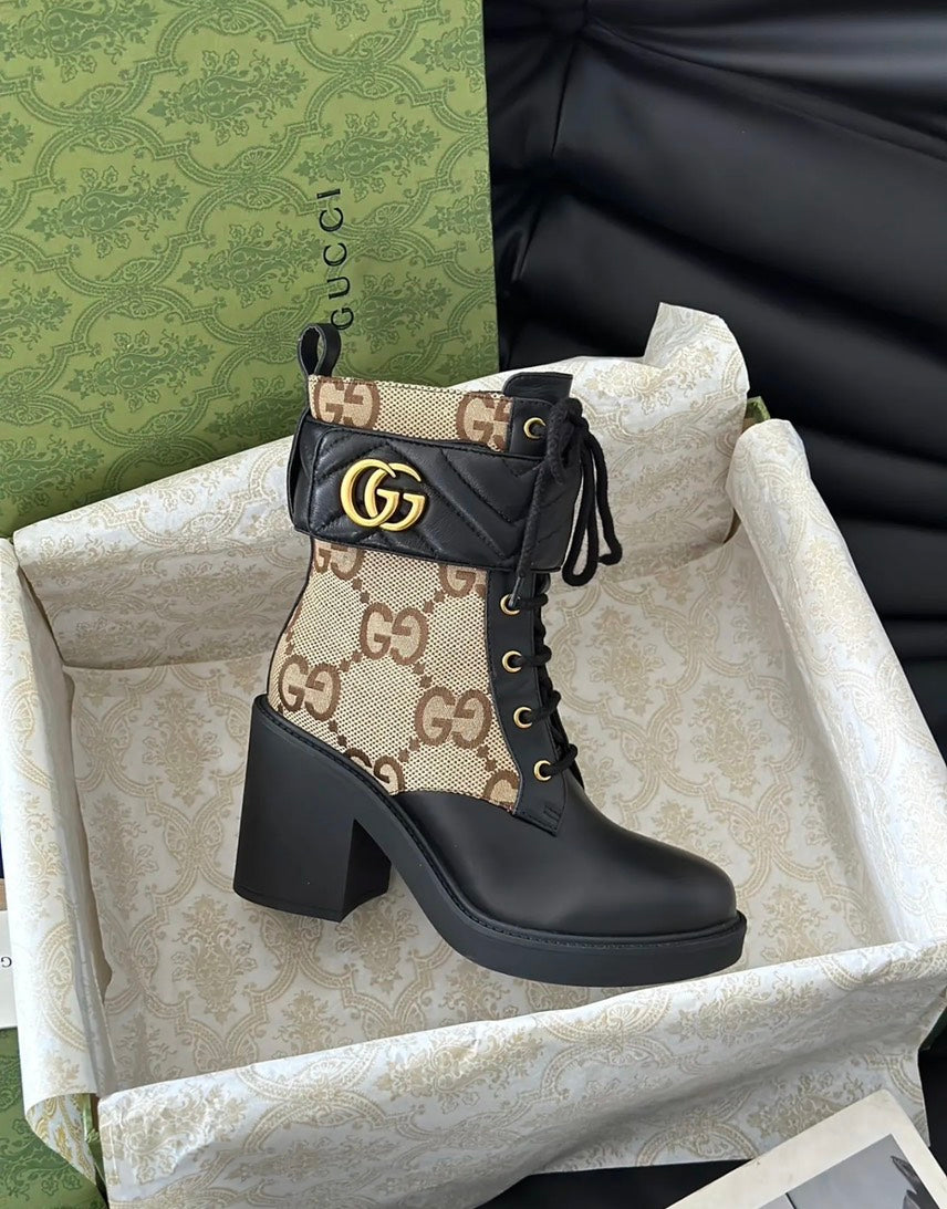 Gucci Flores Marmont Calf Leather Bootie Beige Boots