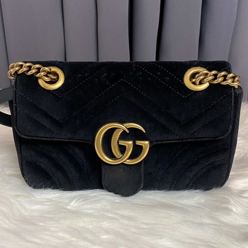 Gucci GG Marmont Small Black Velvet Shoulder Bag