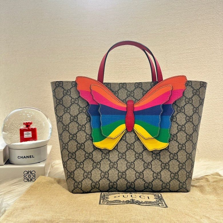 Gucci GG Supreme Rainbow Butterfly Tote Bag, Beige, Tote
