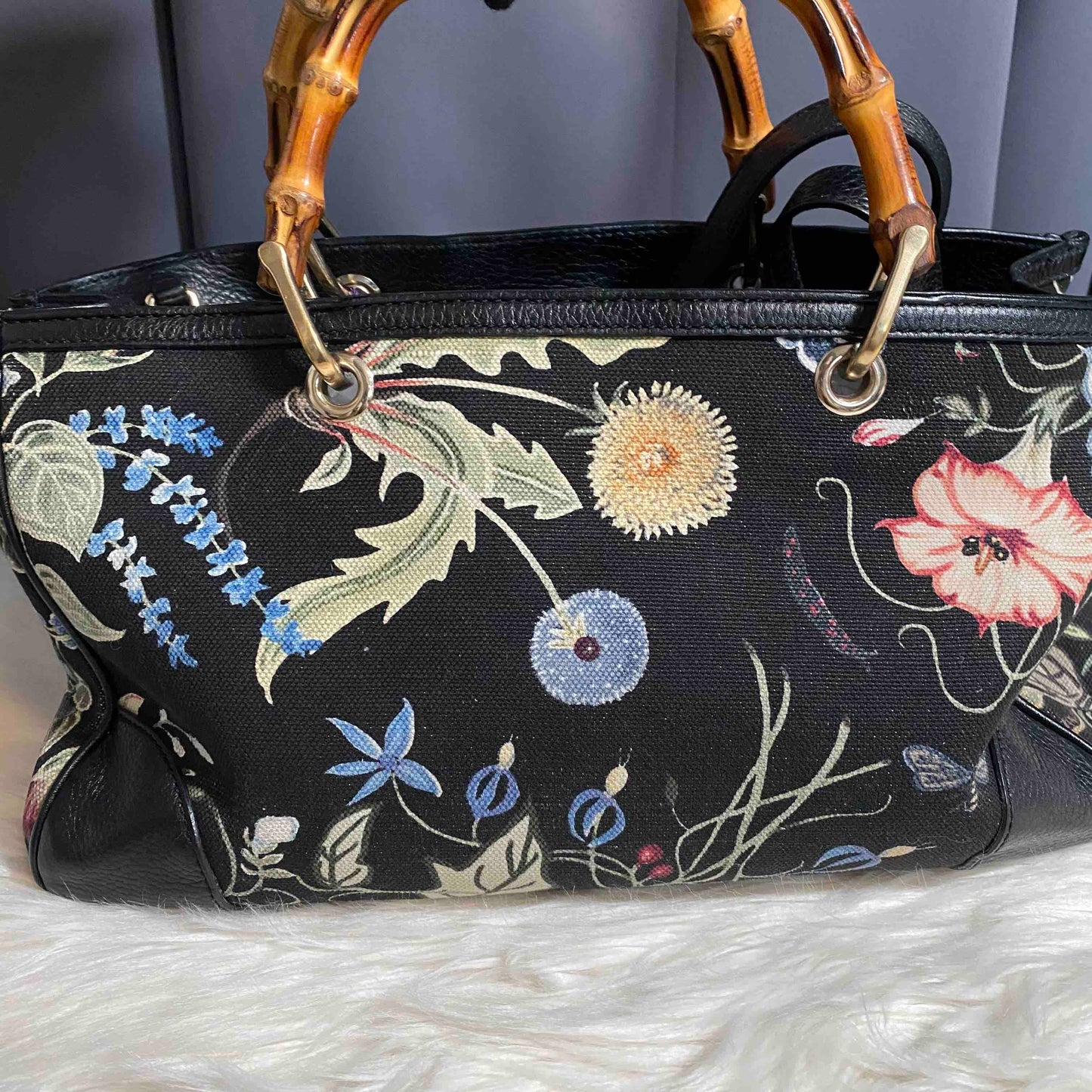 Gucci Flora Print Bamboo Handle Black Canvas Top Handle Bag