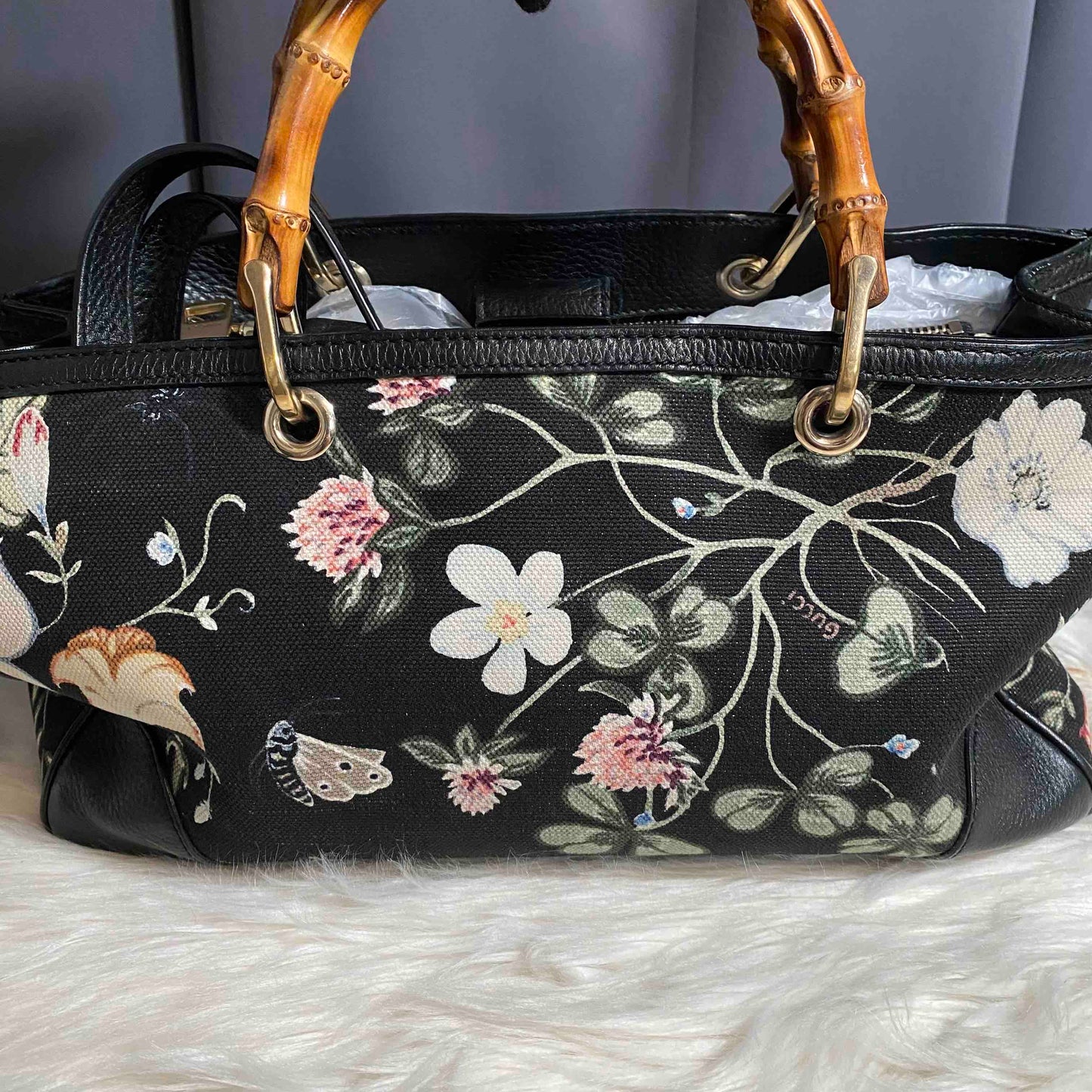 Gucci Flora Print Bamboo Handle Black Canvas Top Handle Bag