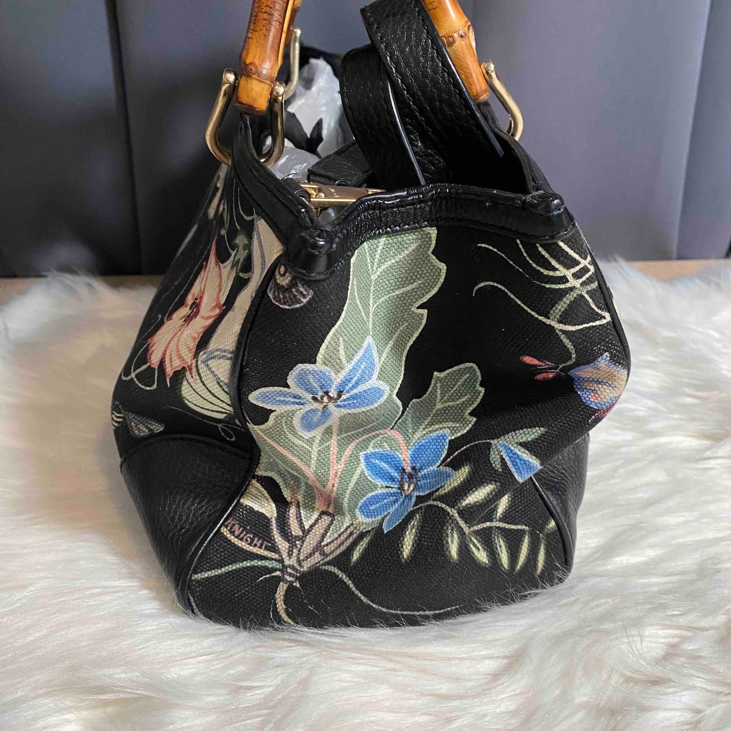 Gucci Flora Print Bamboo Handle Black Canvas Top Handle Bag