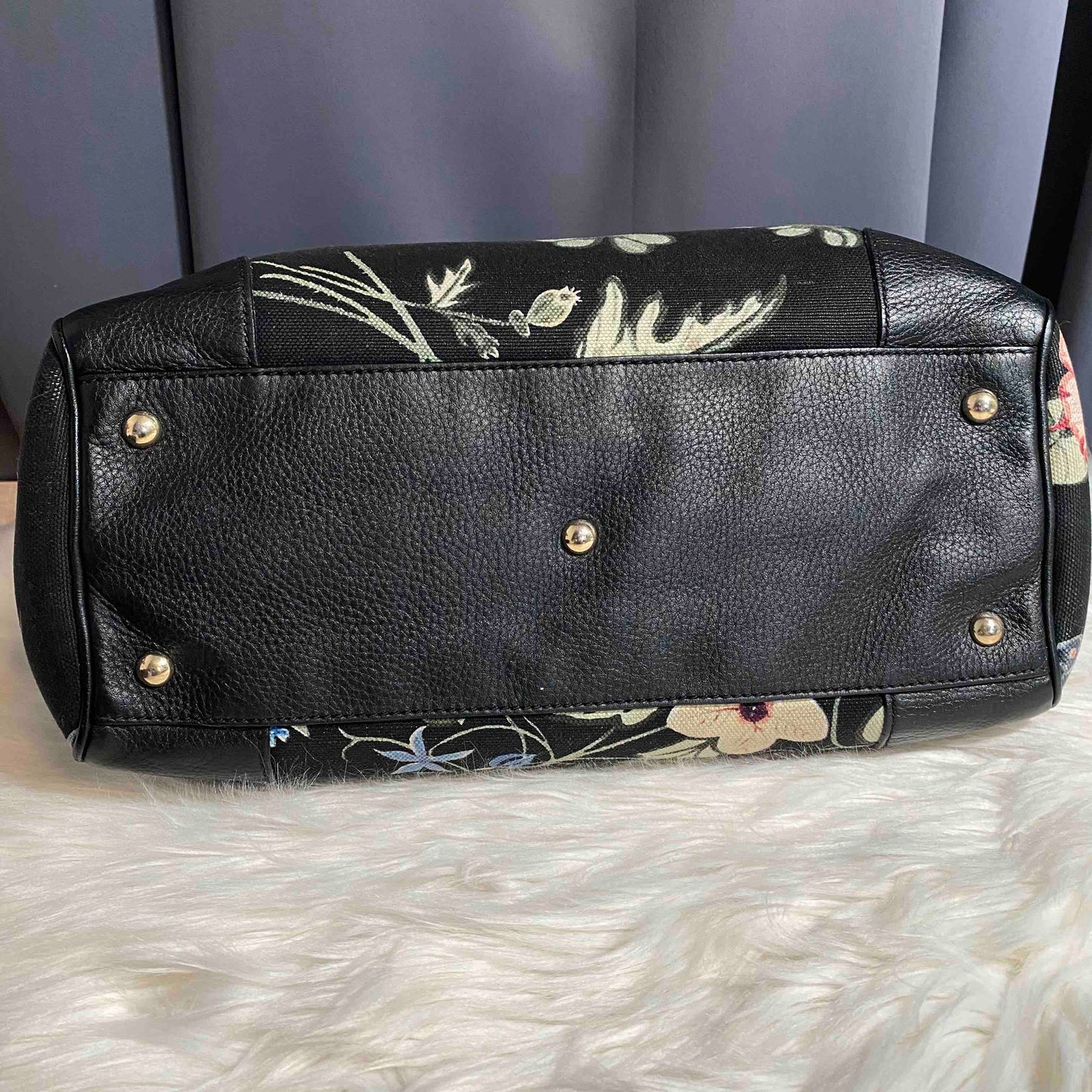 Gucci Flora Print Bamboo Handle Black Canvas Top Handle Bag