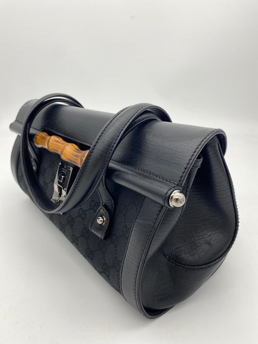 Gucci Bamboo Bullet Bag in Black Monogram Canvas and Leather, Medium Size