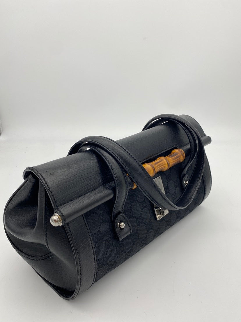 Gucci Bamboo Bullet Bag in Black Monogram Canvas and Leather, Medium Size