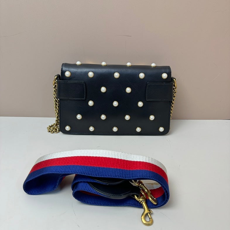 Gucci Bee Pearl 2way Black Leather Bag Small with Gold Chain and Striped Strap