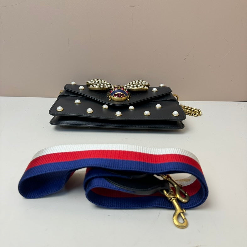 Gucci Bee Pearl 2way Black Leather Bag Small with Gold Chain and Striped Strap