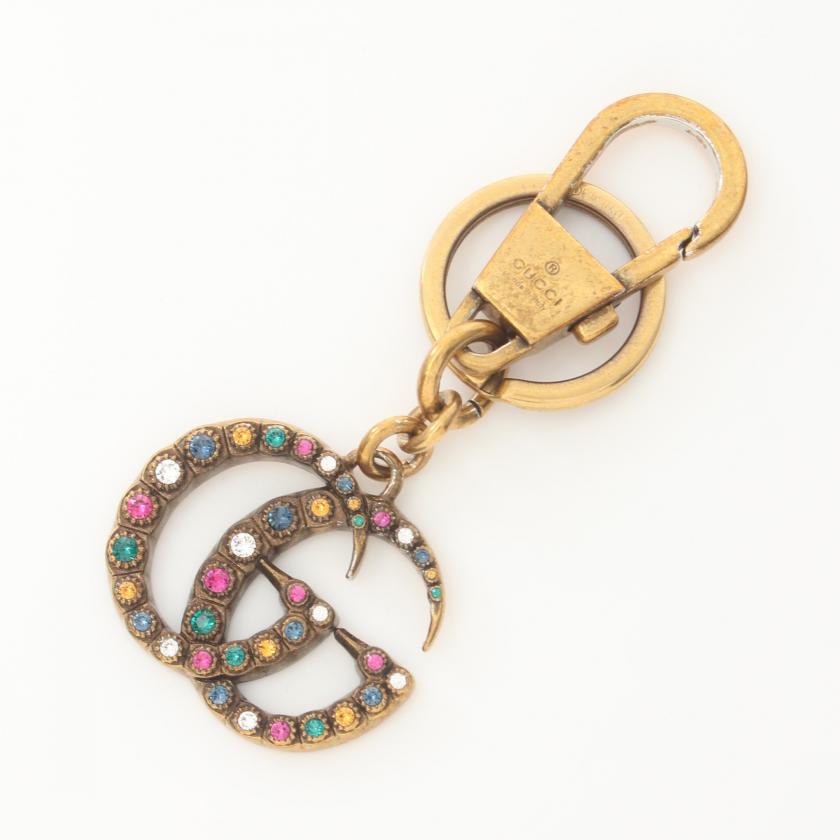 Gucci Double G Bag Charm Key Ring - Gold, Multicolor, Rhinestone Decor