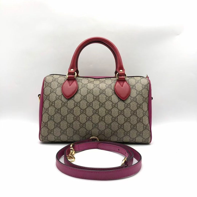 Gucci Beige Red GG Canvas Leather Two-Way Boston Bag Medium