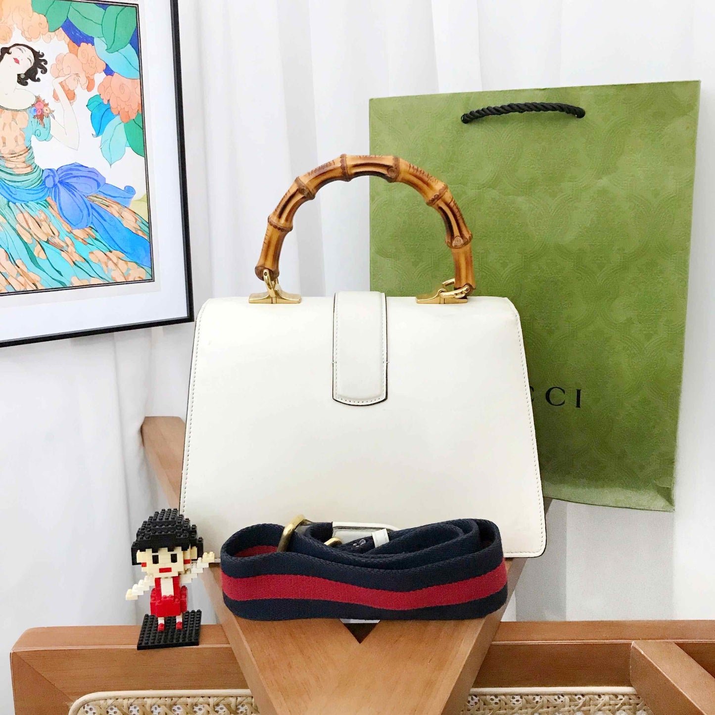 Gucci Dionysus White Blue Red Bamboo Handle Two Way Bag