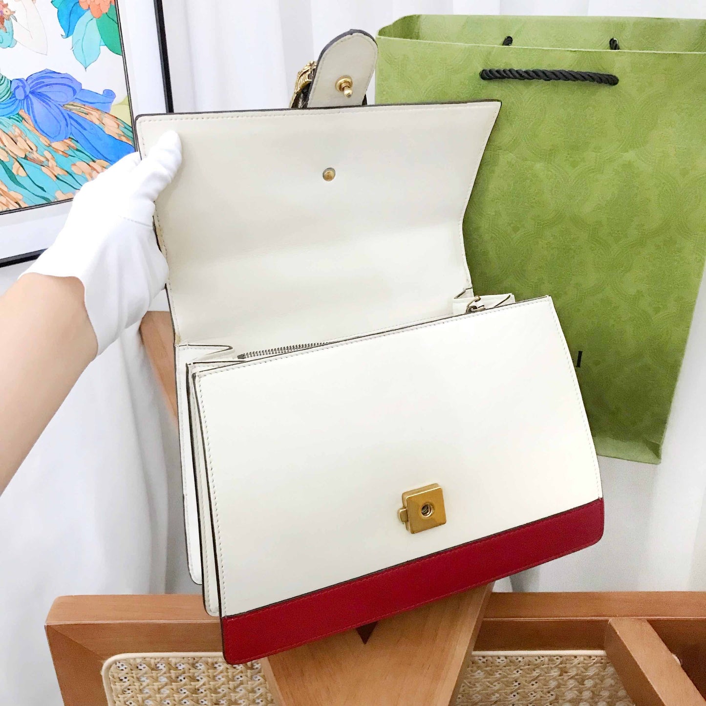 Gucci Dionysus White Blue Red Bamboo Handle Two Way Bag