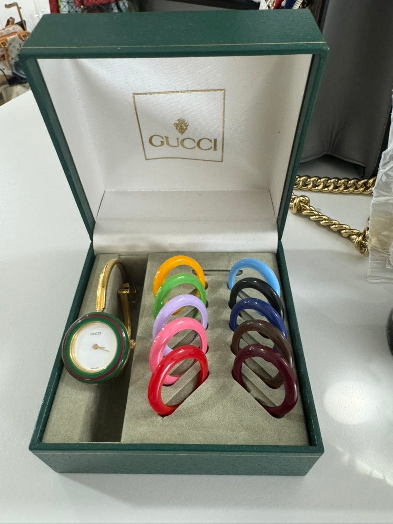 Gucci Women's Gold Plated Watch with Interchangeable Bezels 16-17cm