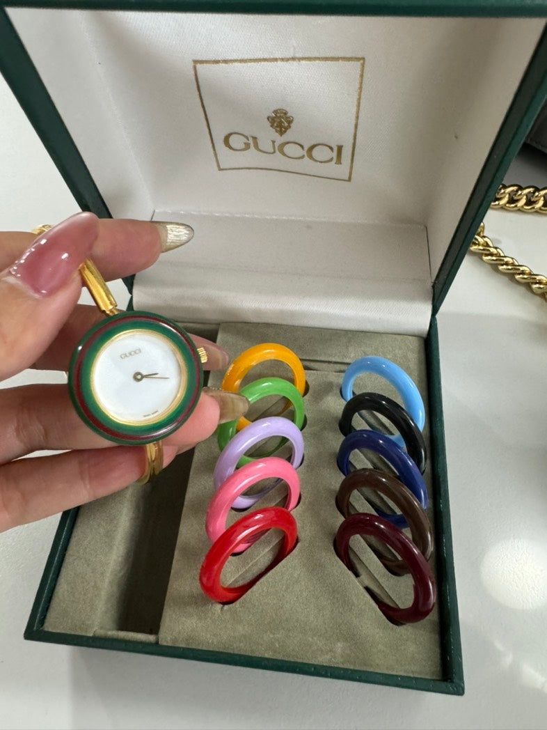Gucci Women's Gold Plated Watch with Interchangeable Bezels 16-17cm