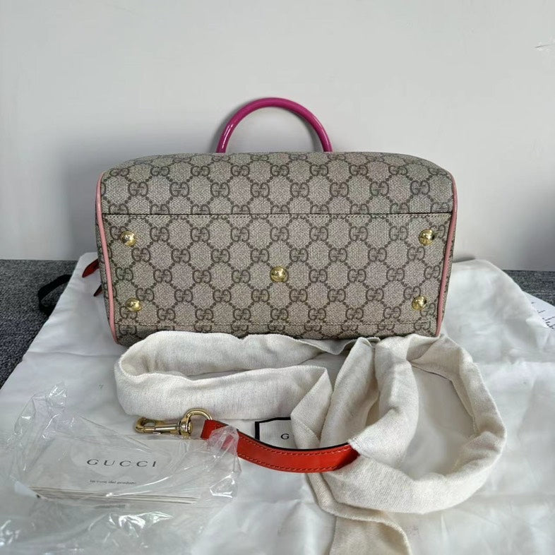 Gucci Boston Beige Pink Canvas Leather Two-Way Bag