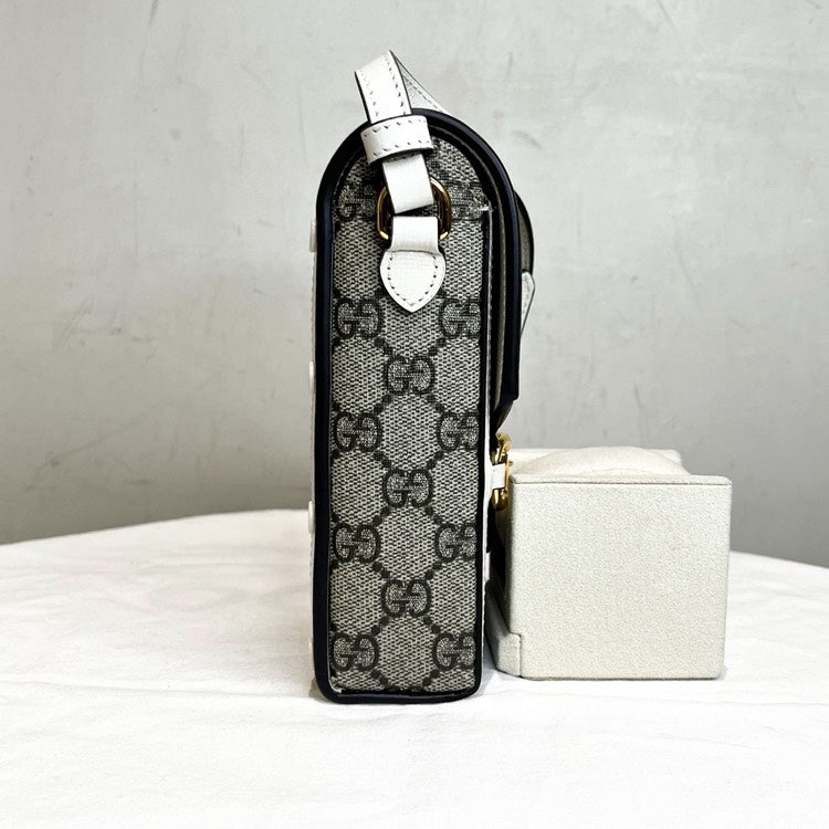 Gucci Monogram Beige Leather Phone Case Bag White Trim
