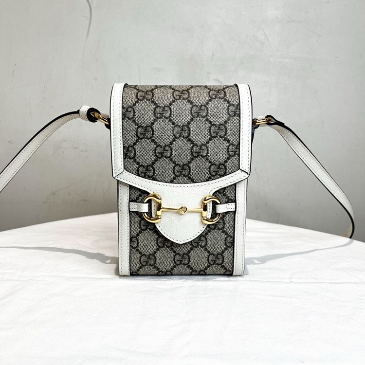 Gucci Monogram Beige Leather Phone Case Bag White Trim