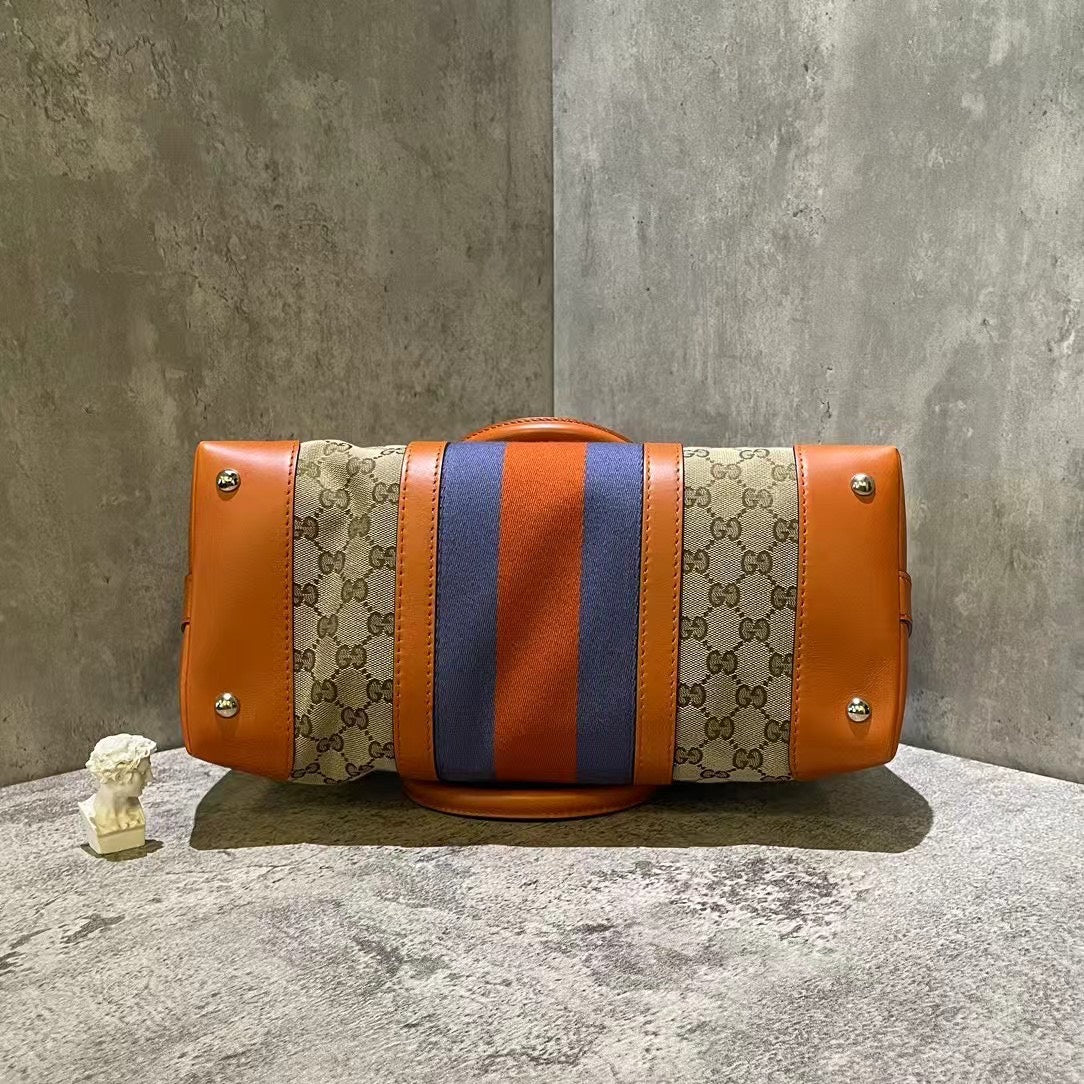 Gucci Beige Orange Stripe Monogram Canvas Tote Bag Medium