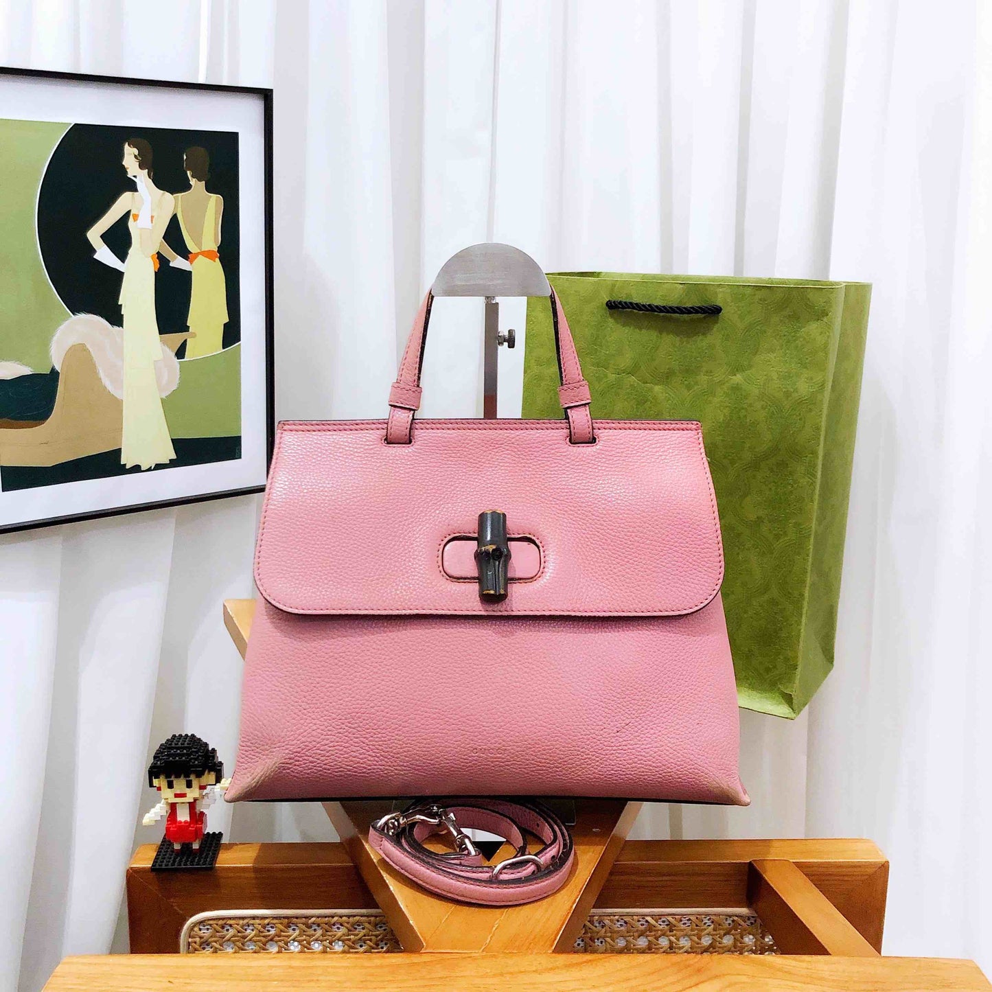 Gucci Pink Leather Two-Way Bamboo Handle Bag Medium
