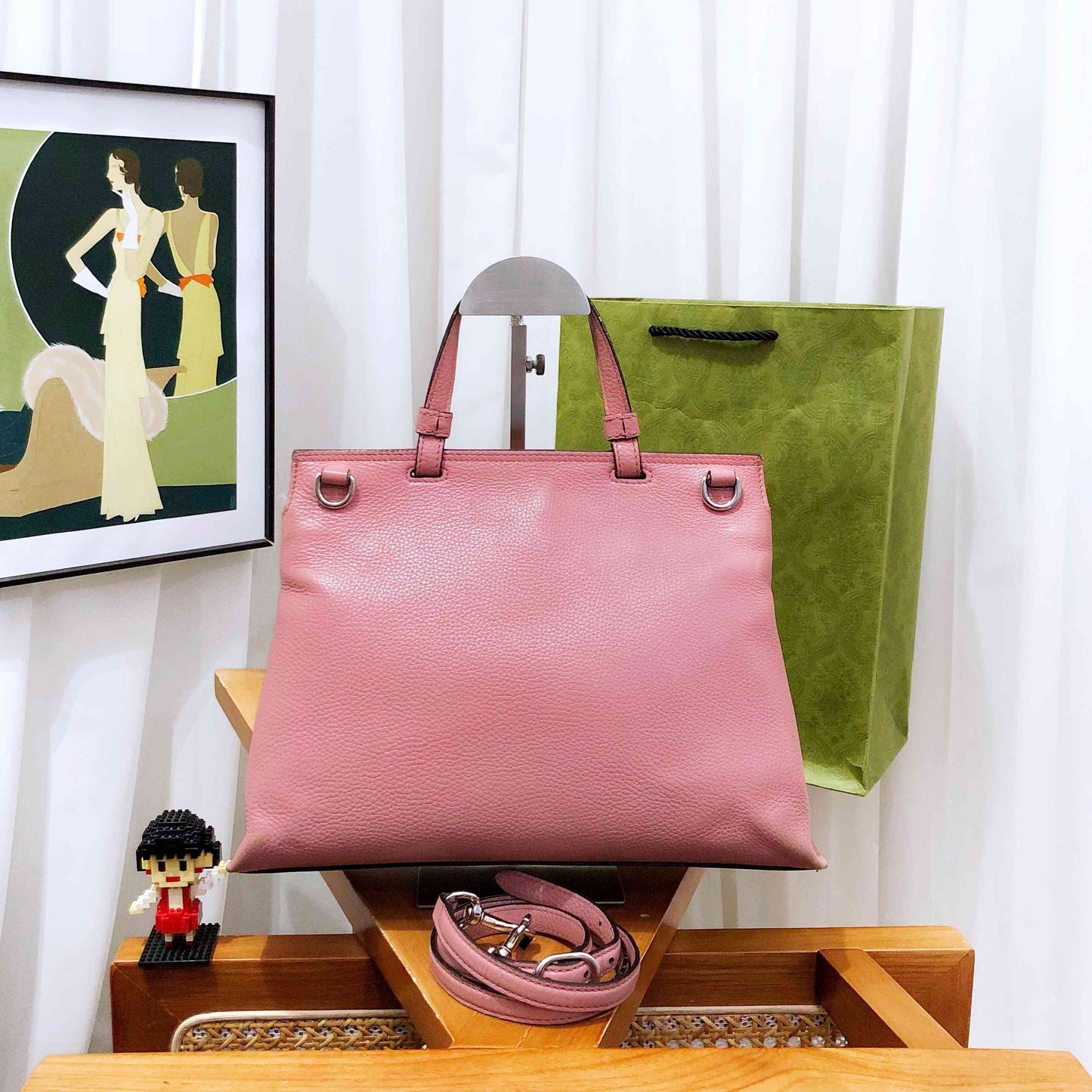 Gucci Pink Leather Two-Way Bamboo Handle Bag Medium