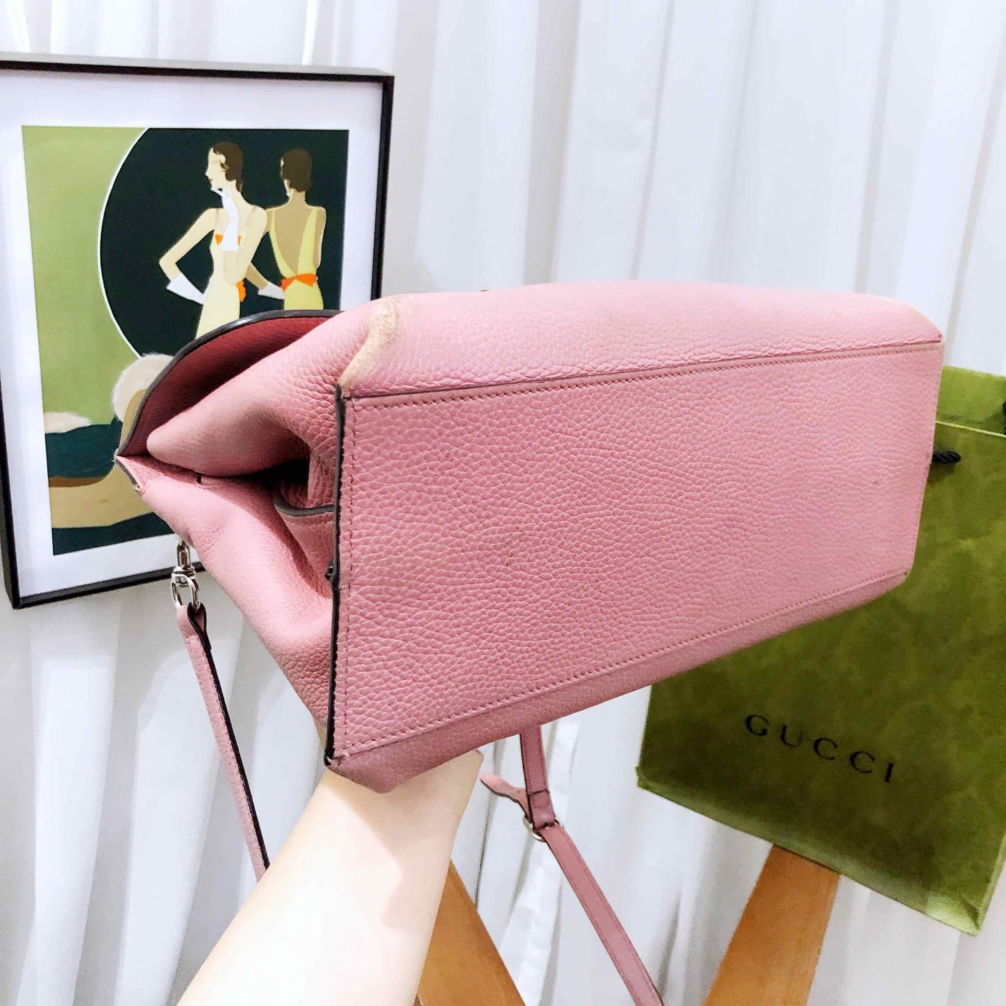 Gucci Pink Leather Two-Way Bamboo Handle Bag Medium
