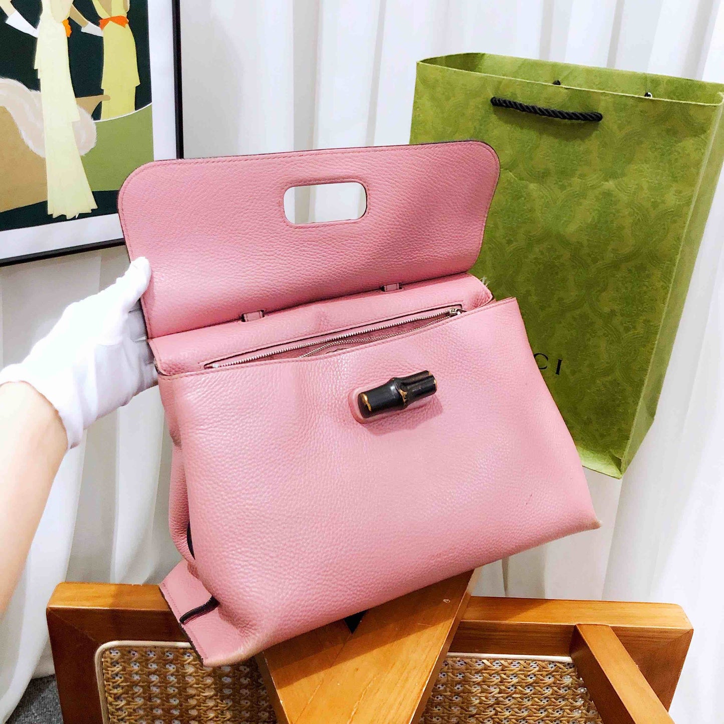 Gucci Pink Leather Two-Way Bamboo Handle Bag Medium